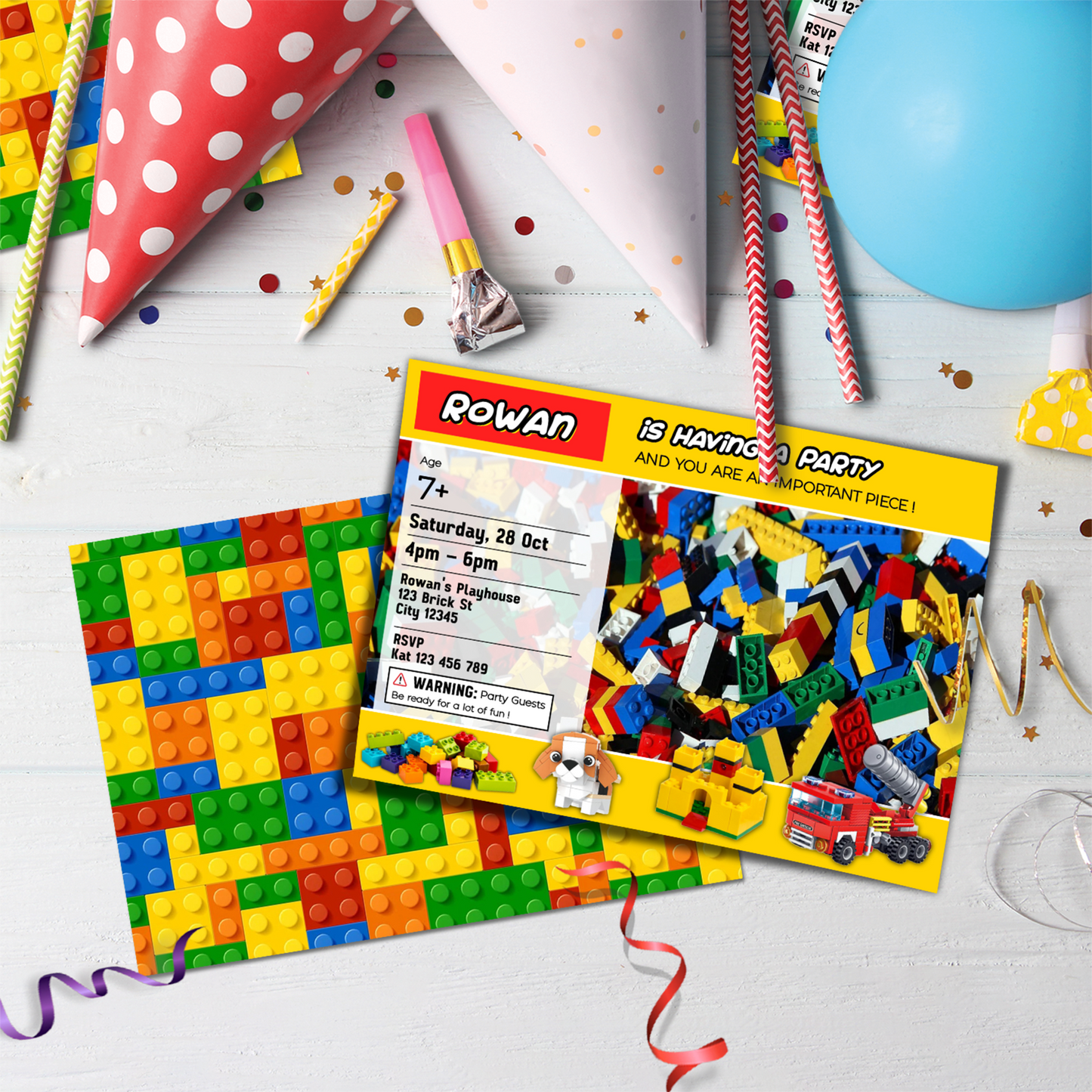 Personalized birthday card invitations with a Lego, Building Blocks theme