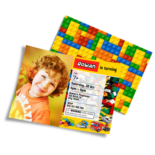 Personalized photo card invitations with a Lego, Building Blocks theme