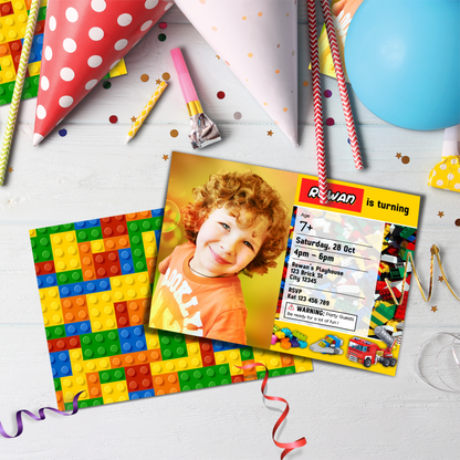 Personalized photo card invitations with a Lego, Building Blocks theme