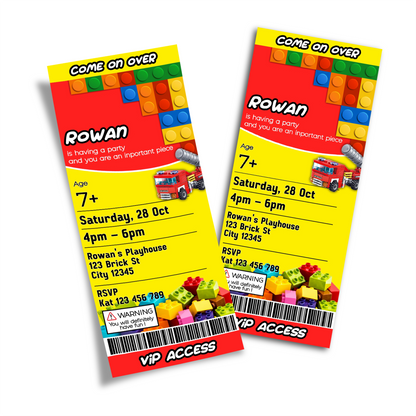 Personalized birthday ticket invitations with a Lego, Building Blocks theme