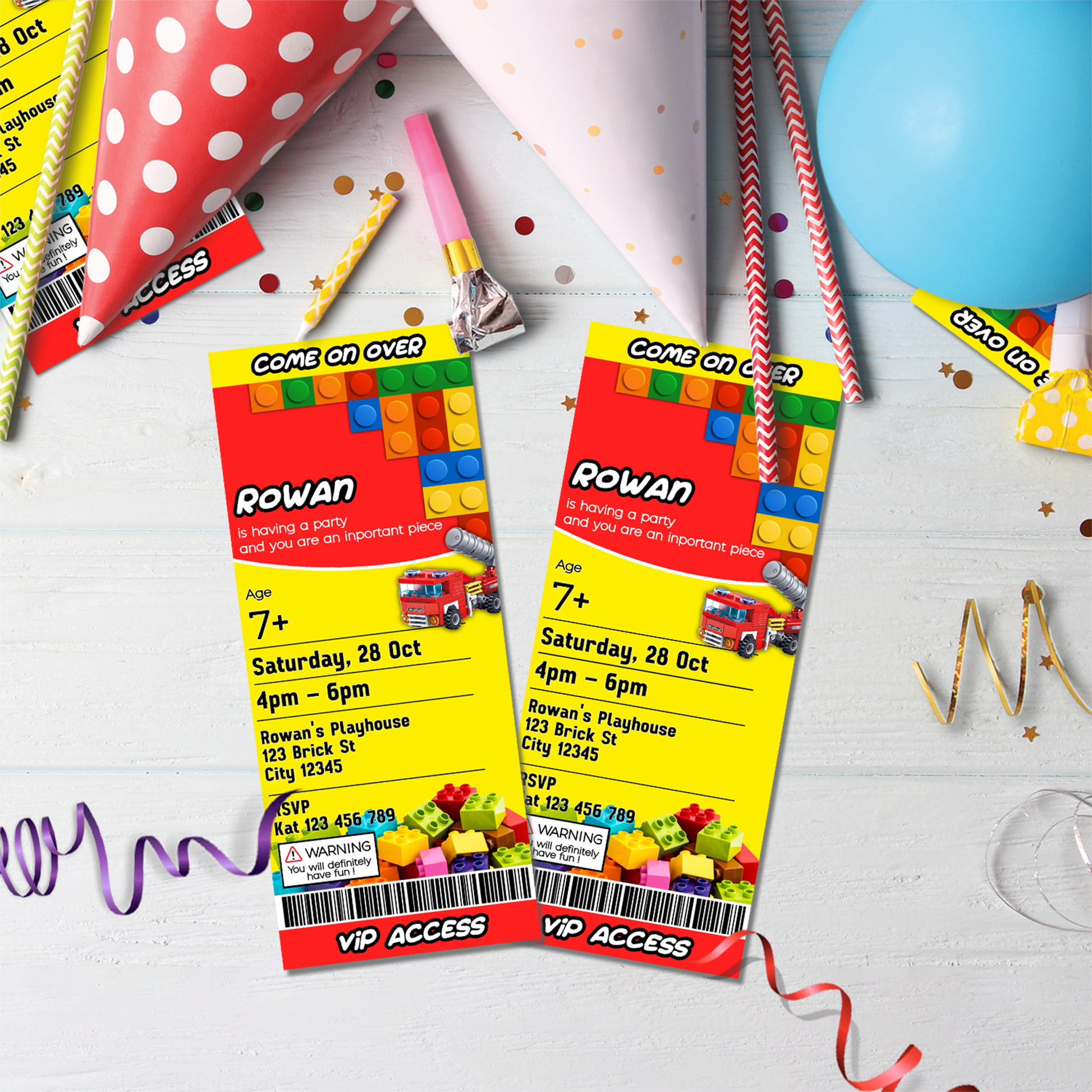 Personalized birthday ticket invitations with a Lego, Building Blocks theme