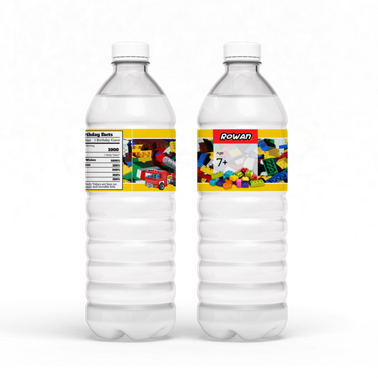 Water bottle label with a Lego, Building Blocks theme