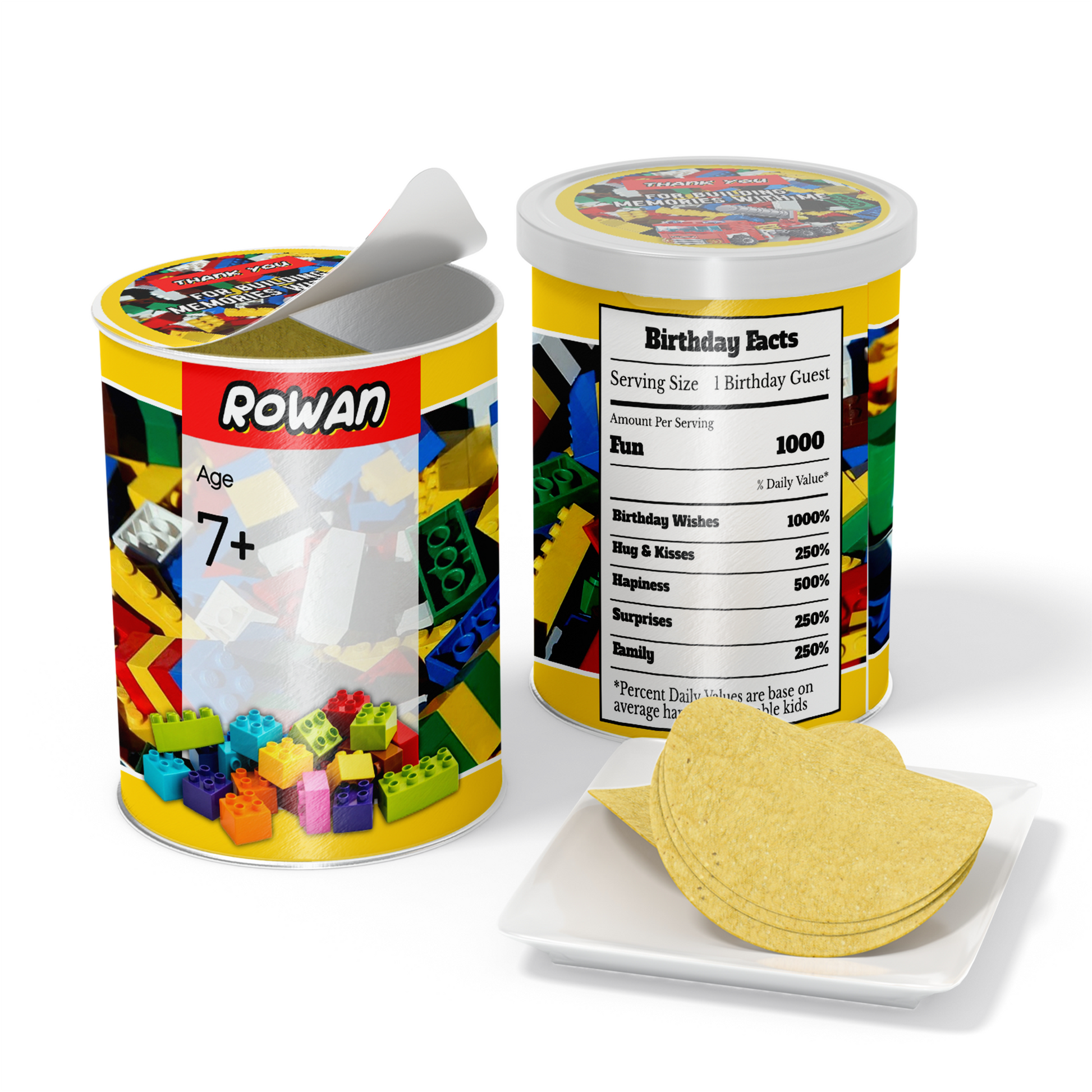 Small Pringles 1.37oz can label with a Lego, Building Blocks theme