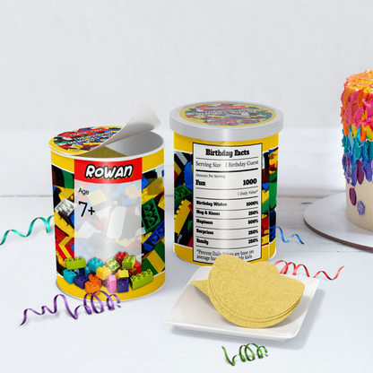 Small Pringles 1.37oz can label with a Lego, Building Blocks theme