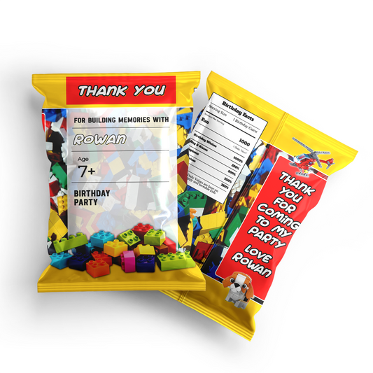Chips bag label with a Lego, Building Blocks theme