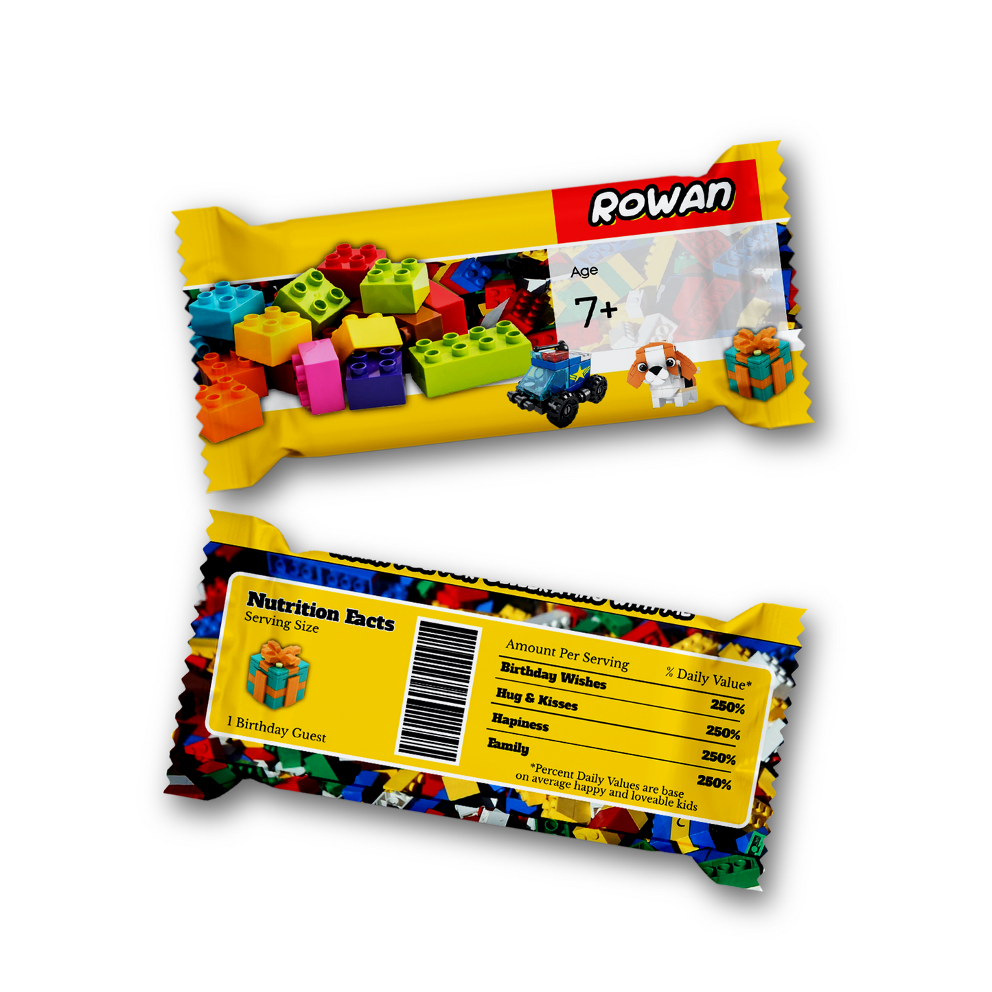 Rice Krispies treats label and candy bar label with a Lego, Building Blocks theme