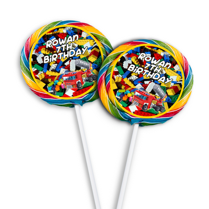 Lollipop label with a Lego, Building Blocks theme