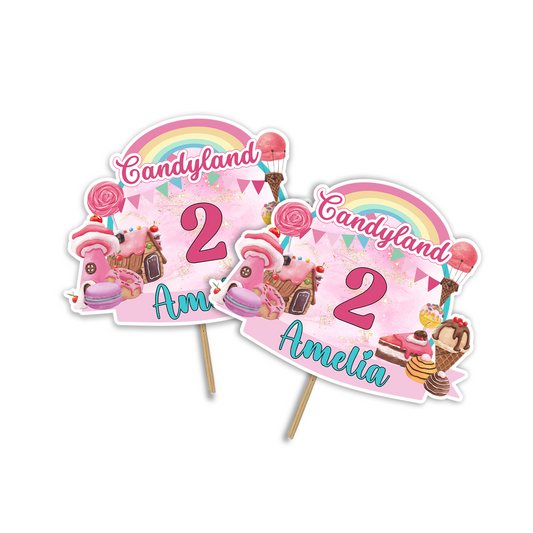 Personalized cake toppers with a Candy Land theme