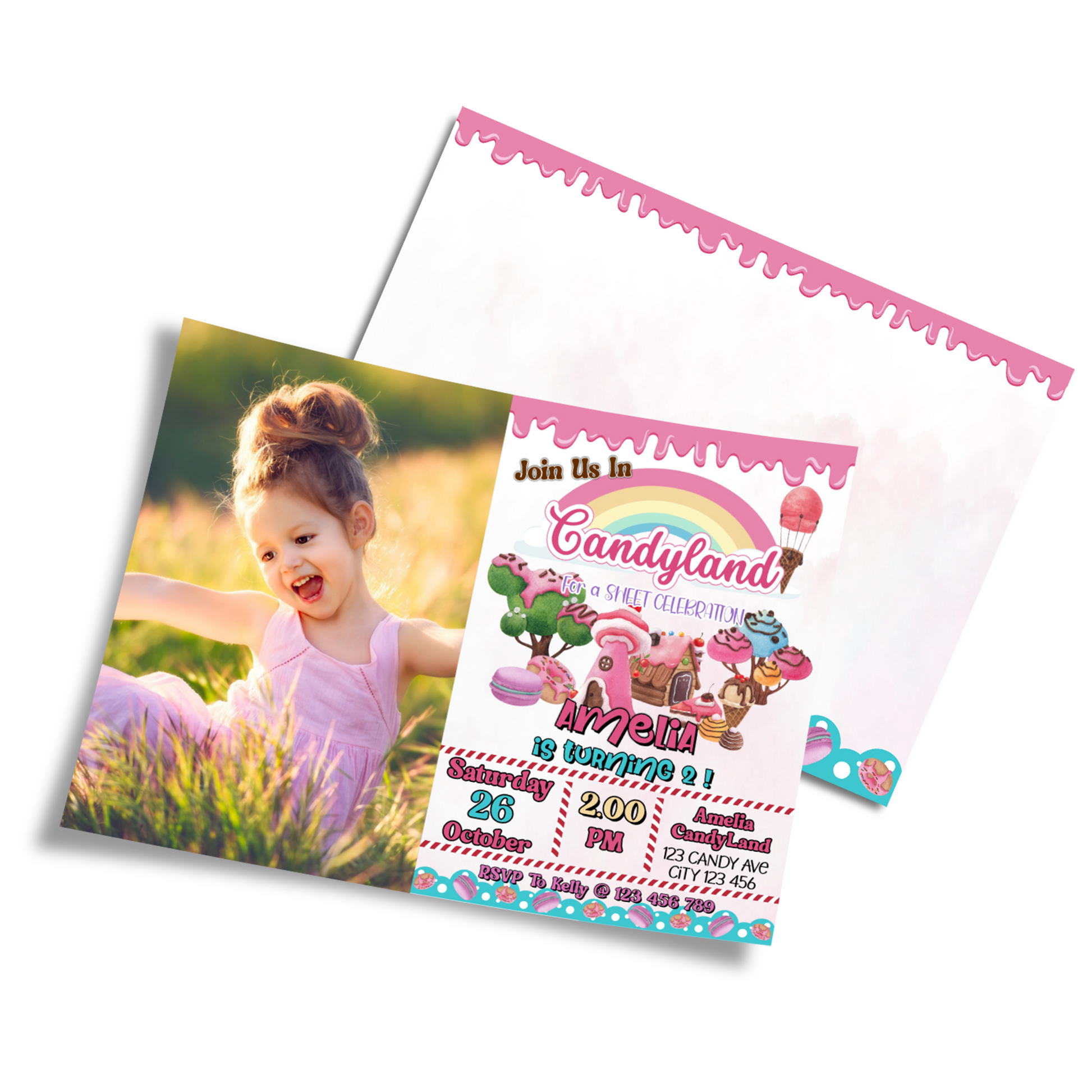 Personalized photo card invitations with a Candy Land theme