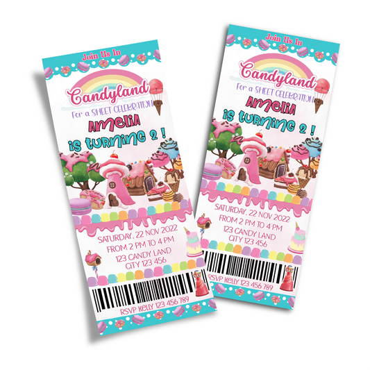 Personalized birthday ticket invitations with a Candy Land theme