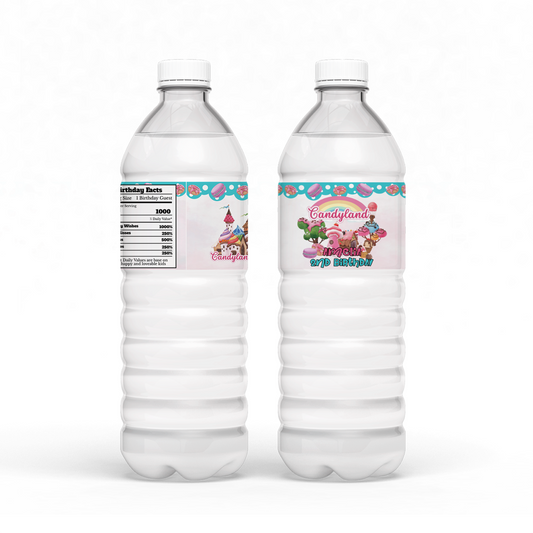 Water bottle label with a Candy Land theme