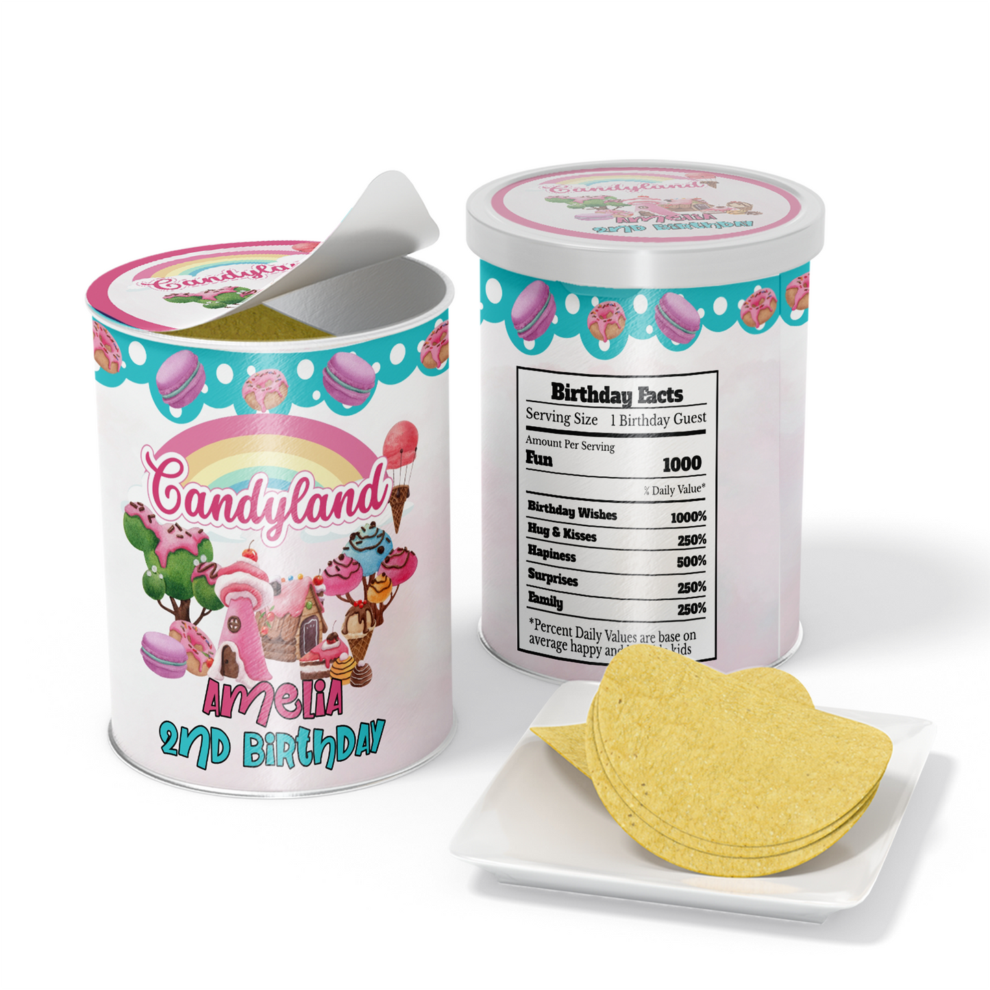 Small Pringles 1.37oz can label with a Candy Land theme