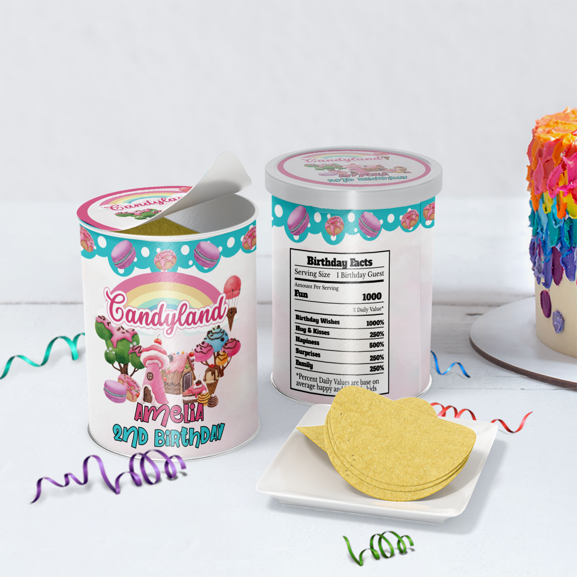 Small Pringles 1.37oz can label with a Candy Land theme