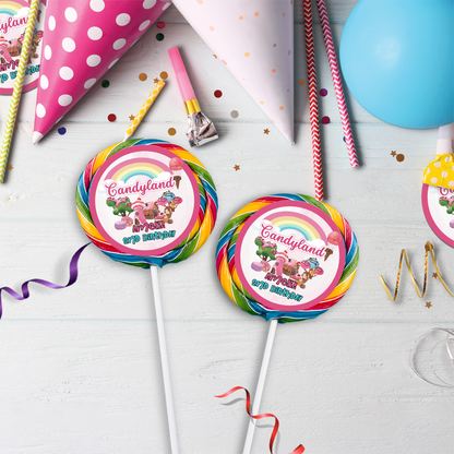 Lollipop label with a Candy Land theme