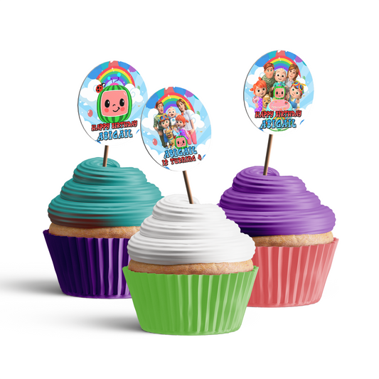 Cocomelon themed personalized cupcakes toppers