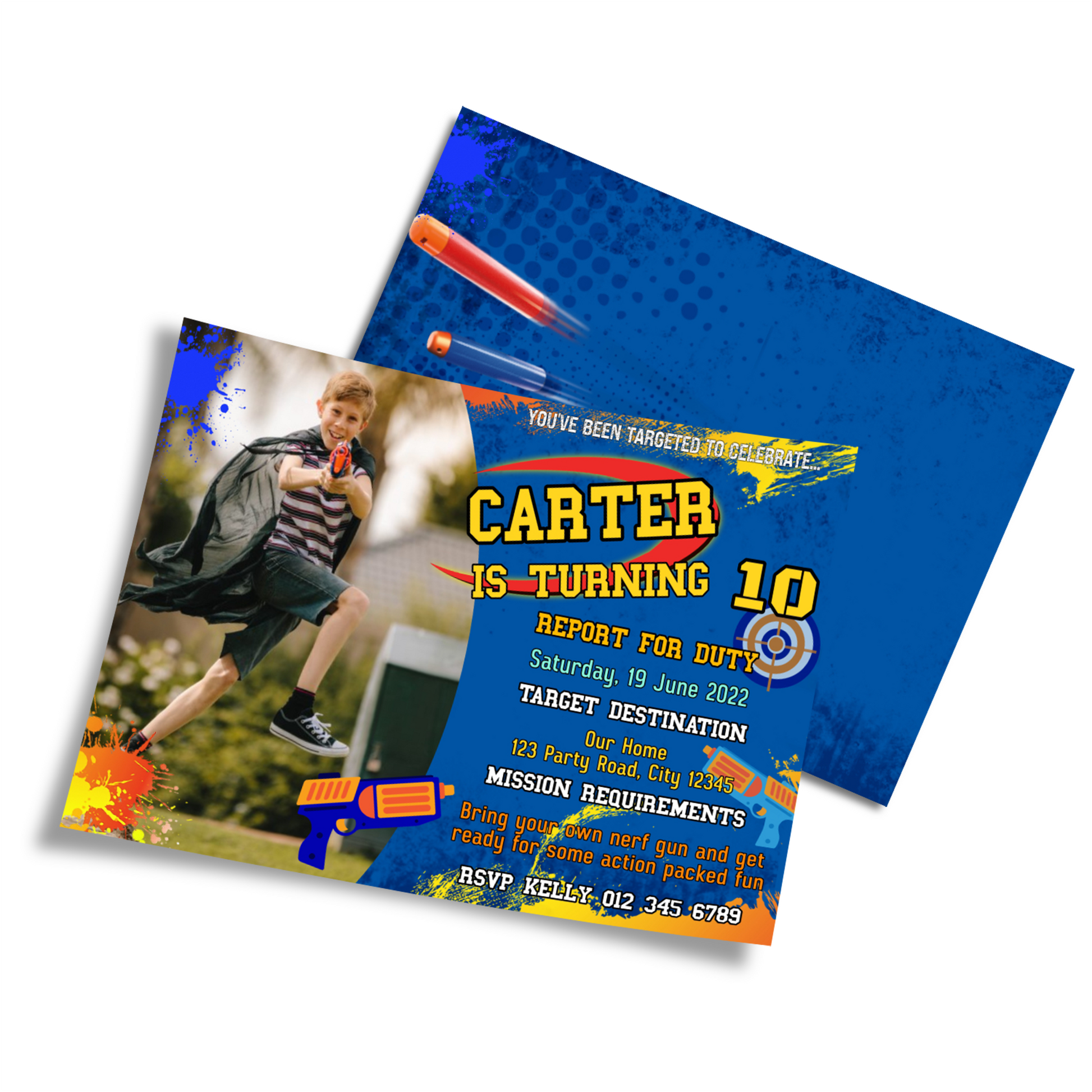 Personalized photo card invitations with a Nerf theme, making your invitations unique.