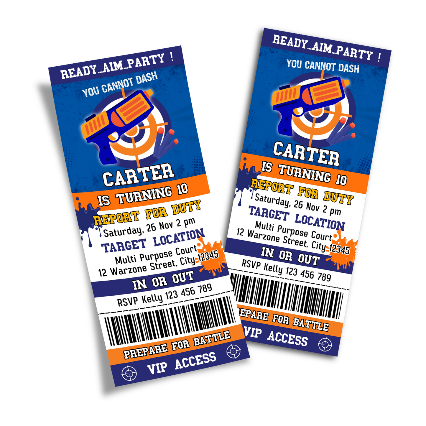 Nerf-themed birthday ticket invitations, making your guests feel special.