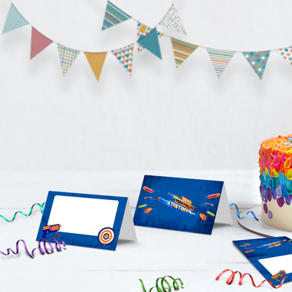 Nerf-themed food tents or food cards, keeping your party organized and fun.