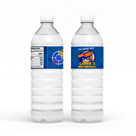 Water bottle label with a Nerf theme, adding a fun touch to your beverages.