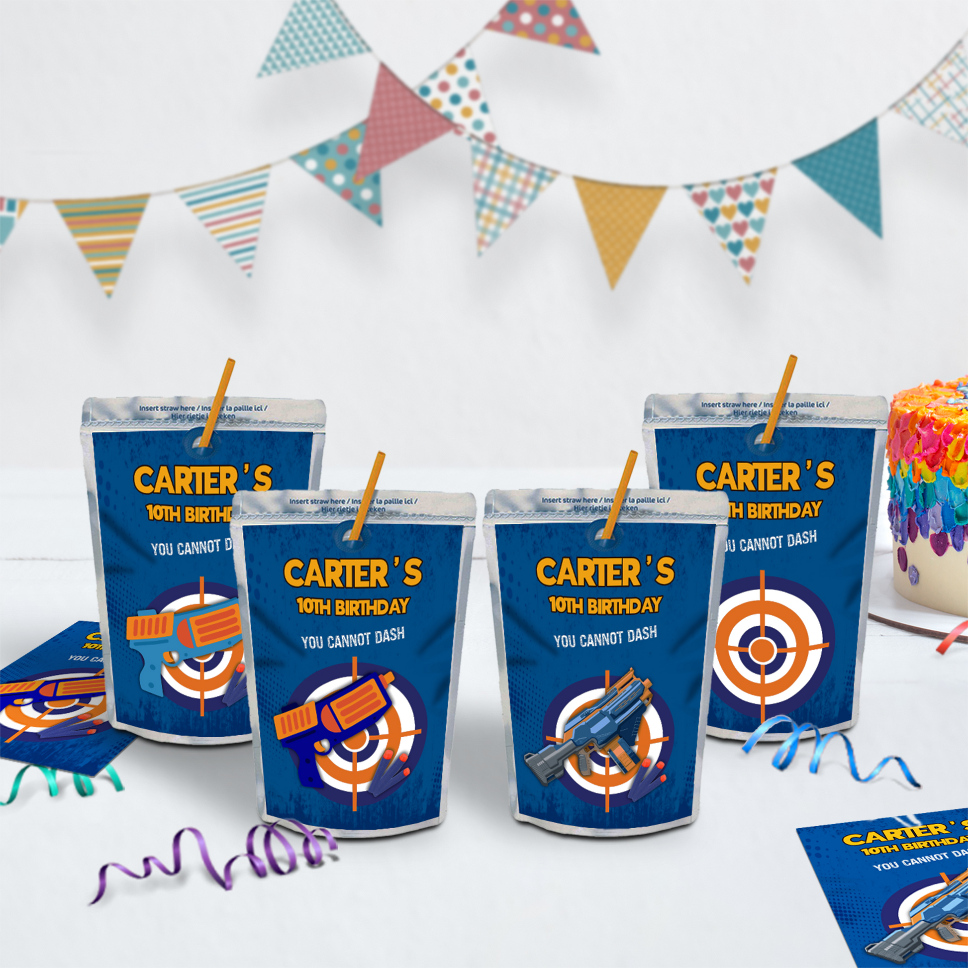 Nerf-themed Caprisun label or juice pouch label, perfect for your party drinks.