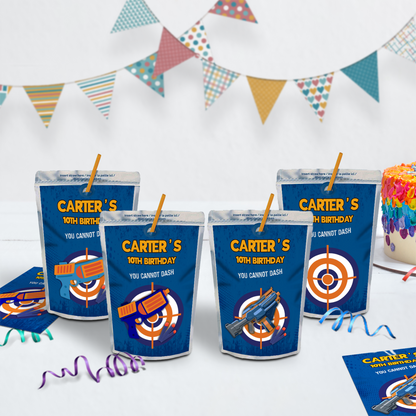 Nerf-themed Caprisun label or juice pouch label, perfect for your party drinks.