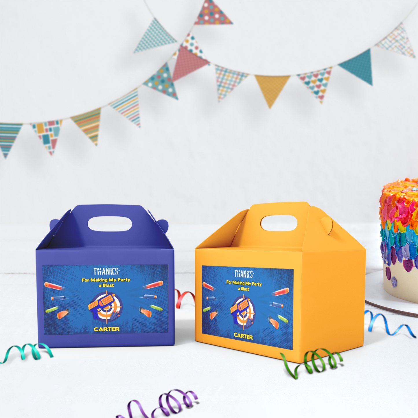 Gable box label with a Nerf theme, making your party favors stand out.