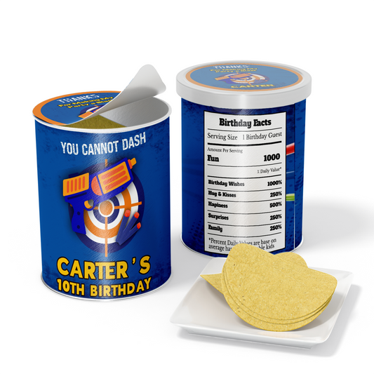Small Pringles 1.37oz can label with a Nerf theme, customizing your party snacks.