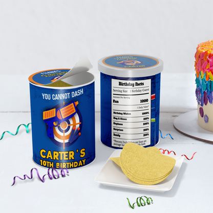 Small Pringles 1.37oz can label with a Nerf theme, customizing your party snacks.