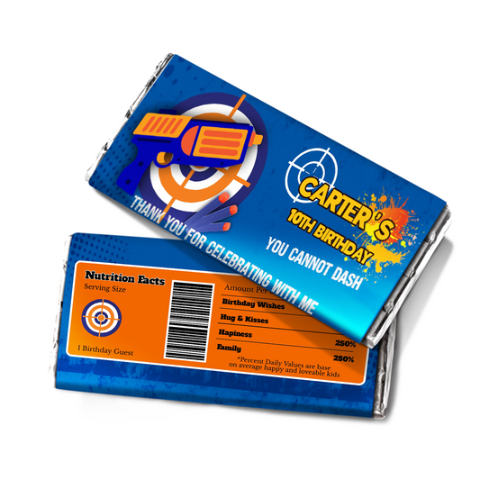 1.55oz Hershey’s chocolate label with a Nerf theme, making your chocolates stand out.