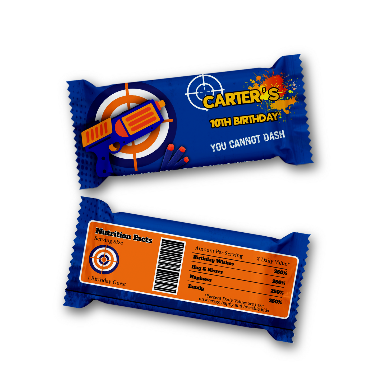 Rice Krispies treats label and candy bar label with a Nerf design, customizing your treats.