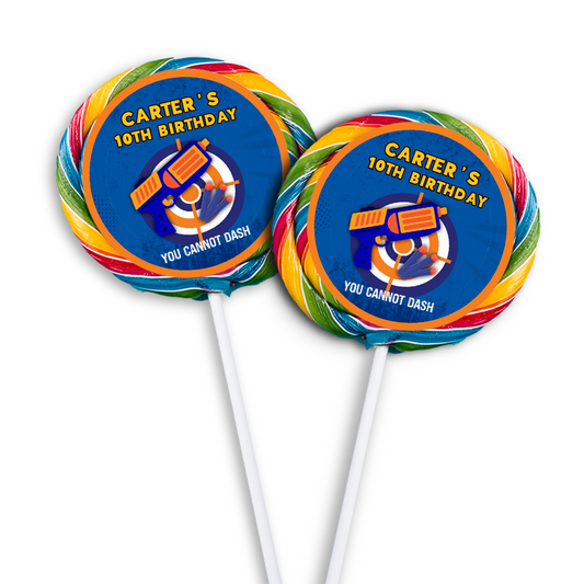 Lollipop label with a Nerf theme, making your lollipops stand out.