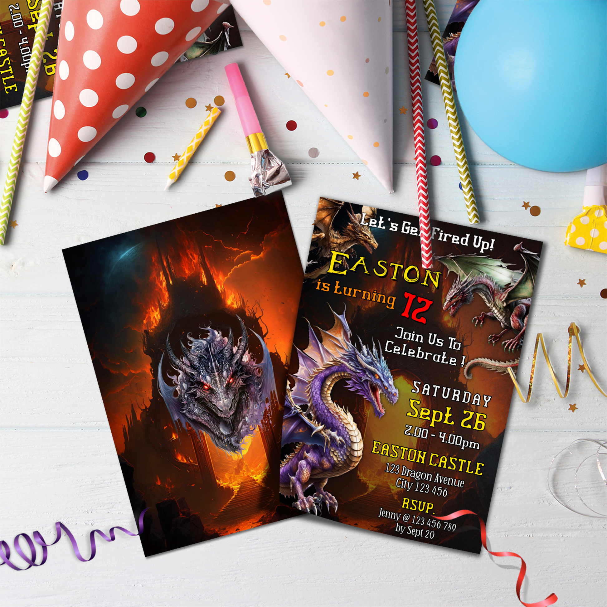 Personalized birthday card invitations with a Dragon theme