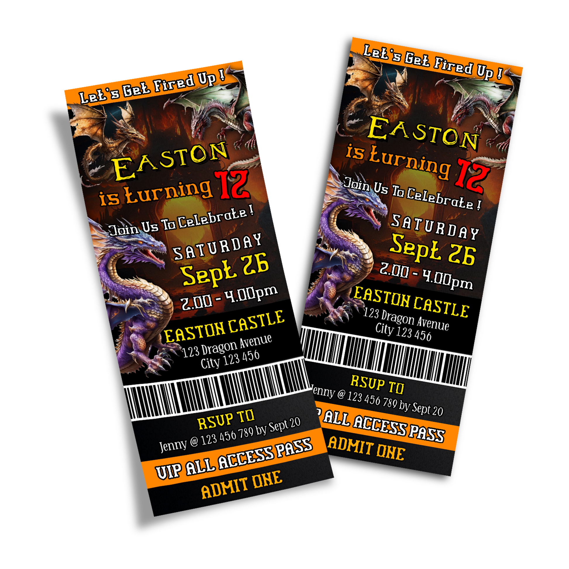 Personalized birthday ticket invitations with a Dragon theme