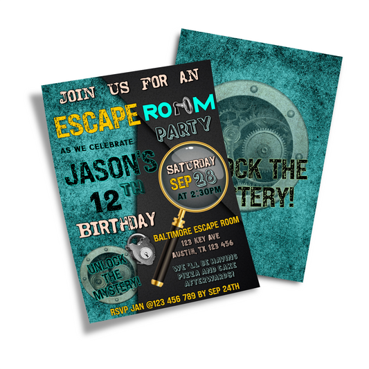 Personalized birthday card invitations with an Escape Room theme