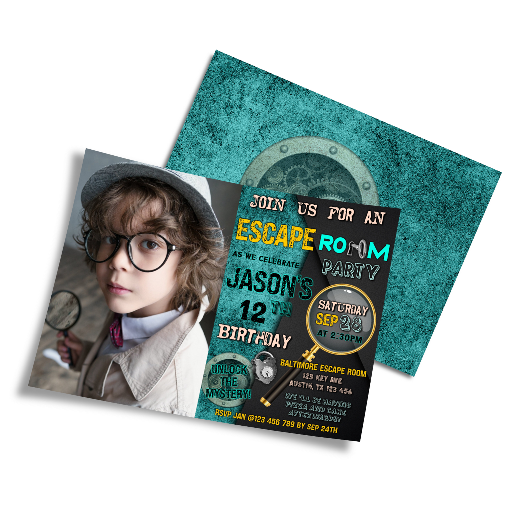 Personalized photo card invitations with an Escape Room theme
