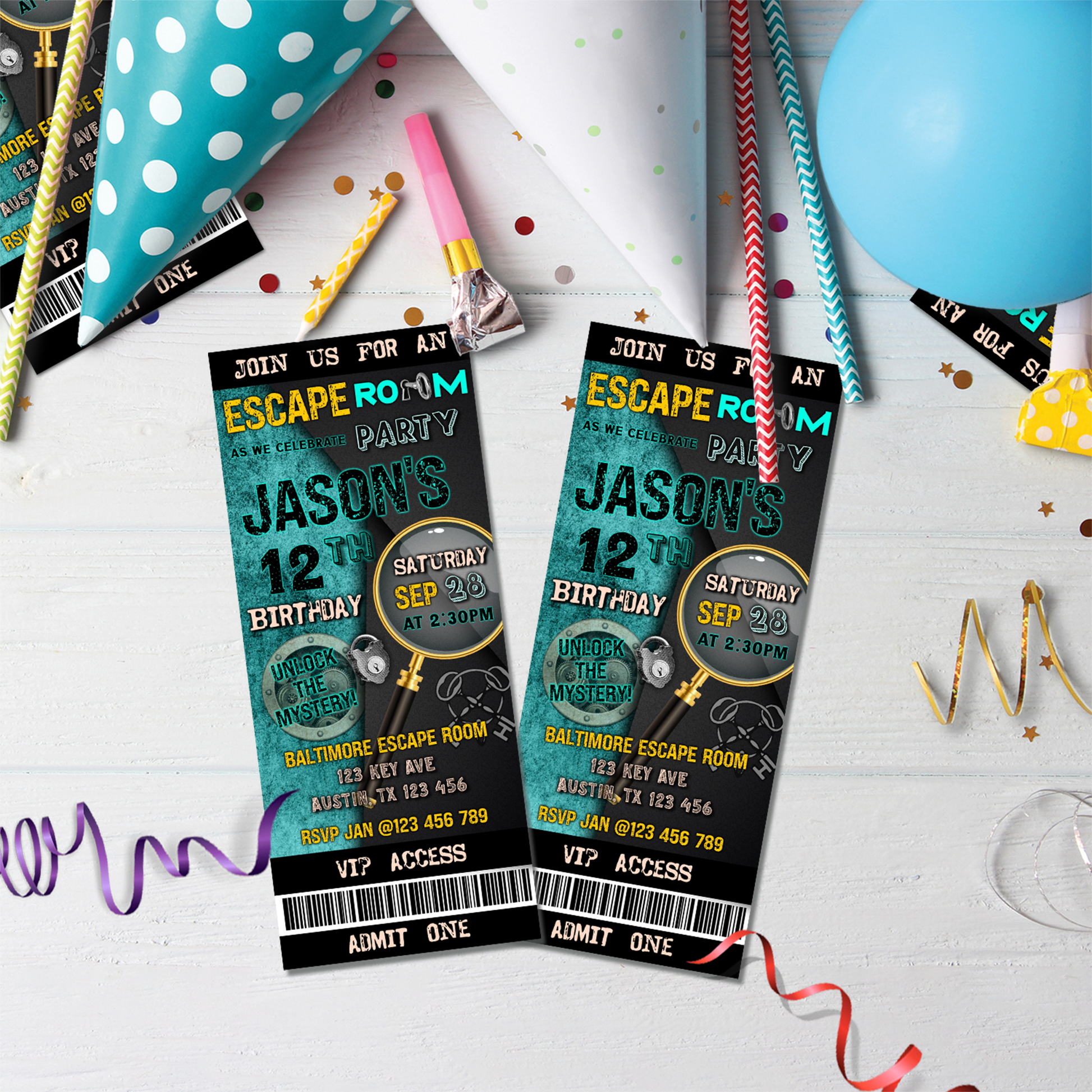Personalized birthday ticket invitations with an Escape Room theme