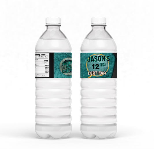 Water bottle label with an Escape Room theme