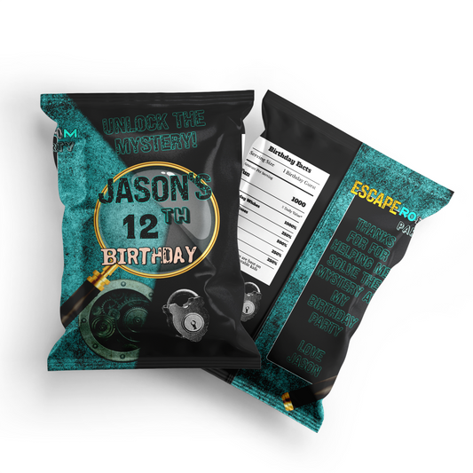 Chips bag label with an Escape Room theme