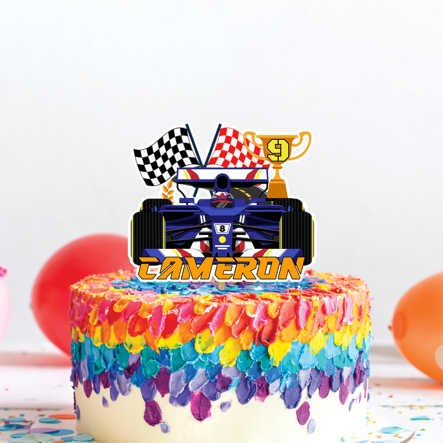 Personalized cake toppers with a Formula One theme