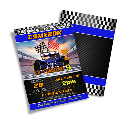 Personalized birthday card invitations with a Formula One theme