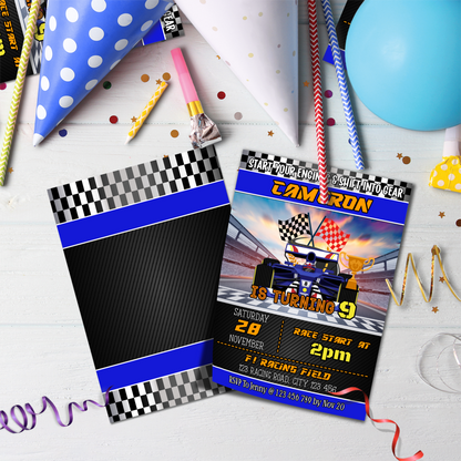 Personalized birthday card invitations with a Formula One theme