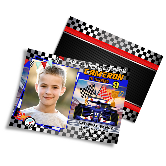 Personalized photo card invitations with a Formula One theme