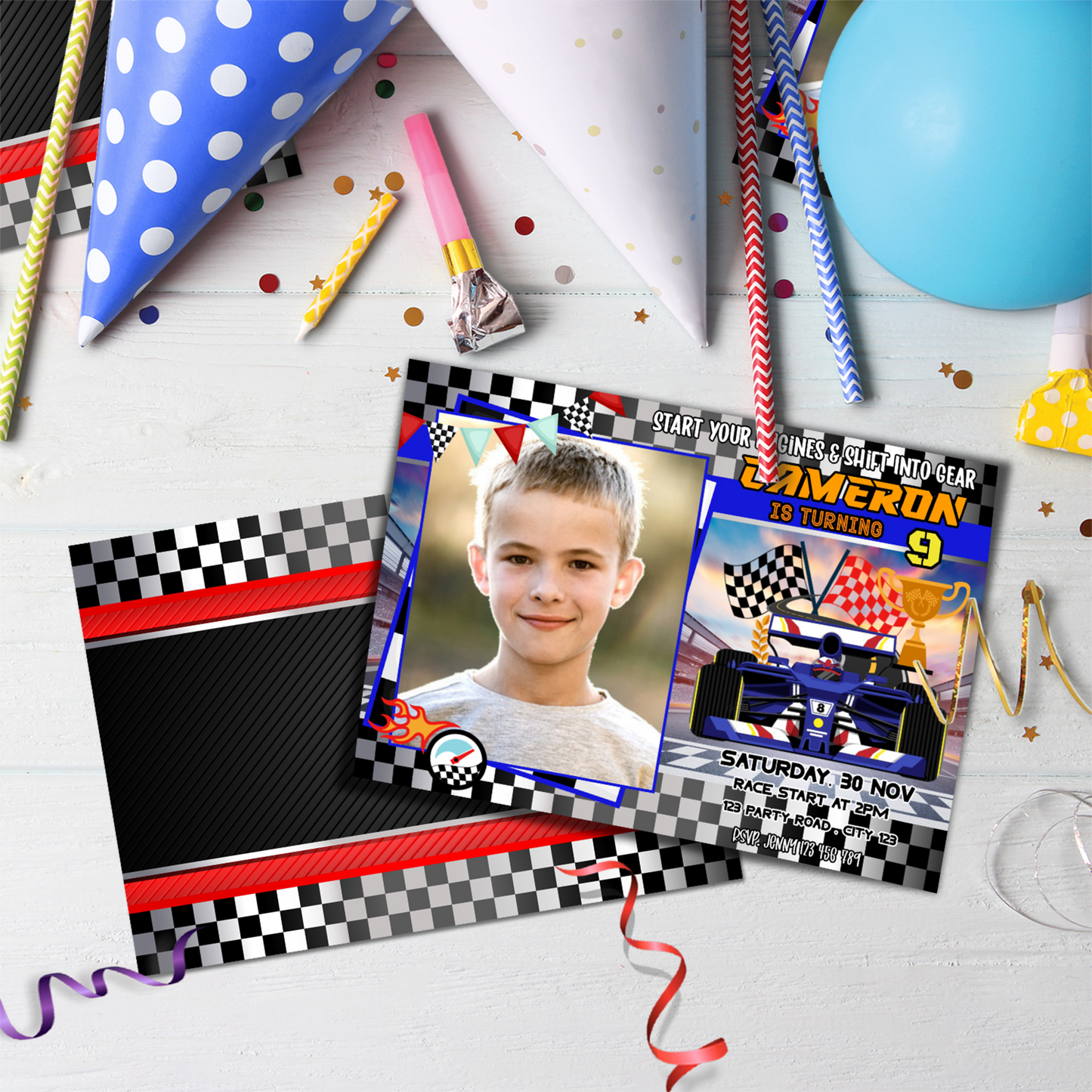 Personalized photo card invitations with a Formula One theme