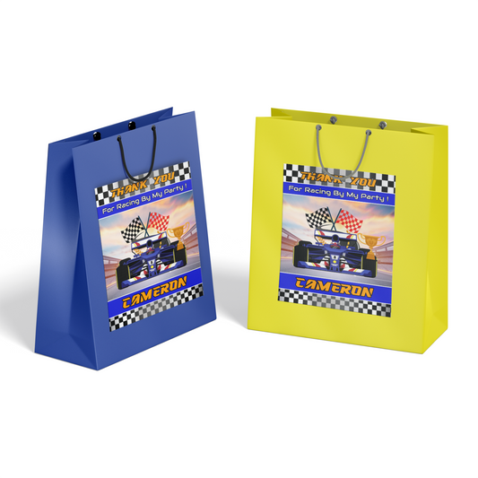 Gift bag label with a Formula One theme