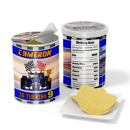 Small Pringles 1.37oz can label with a Formula One theme