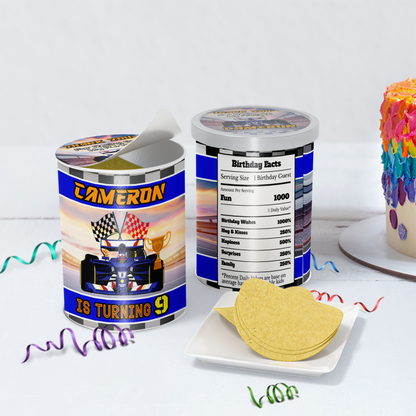 Small Pringles 1.37oz can label with a Formula One theme