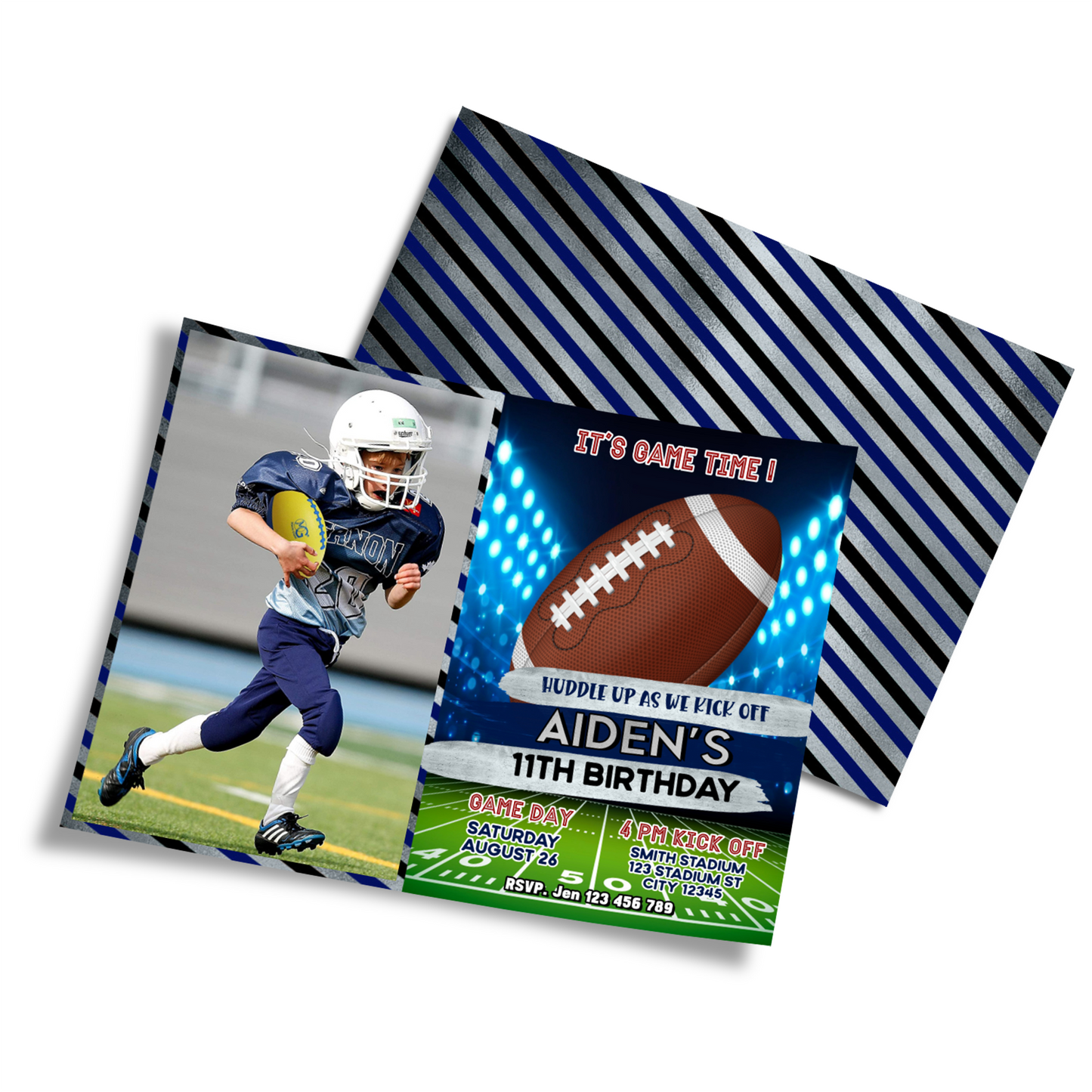 Personalized photo card invitations with a Football theme