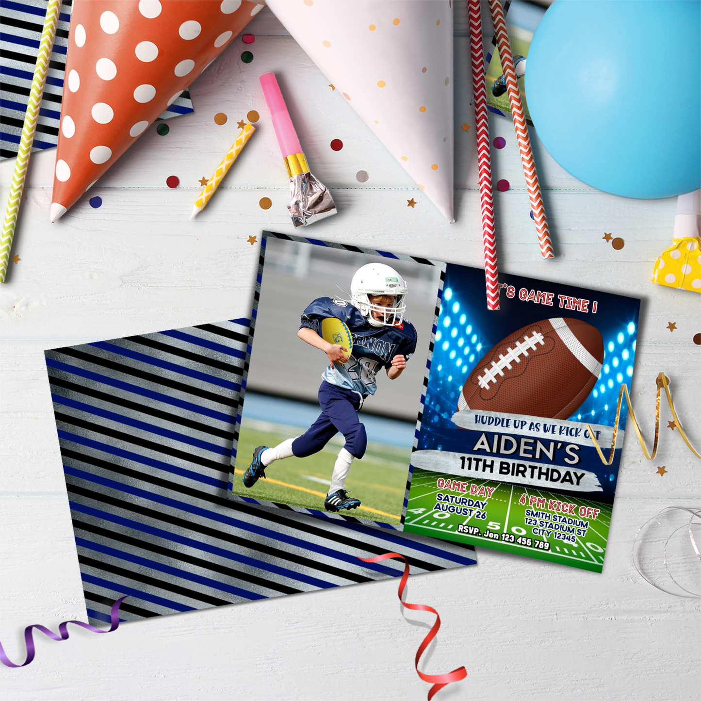 Personalized photo card invitations with a Football theme