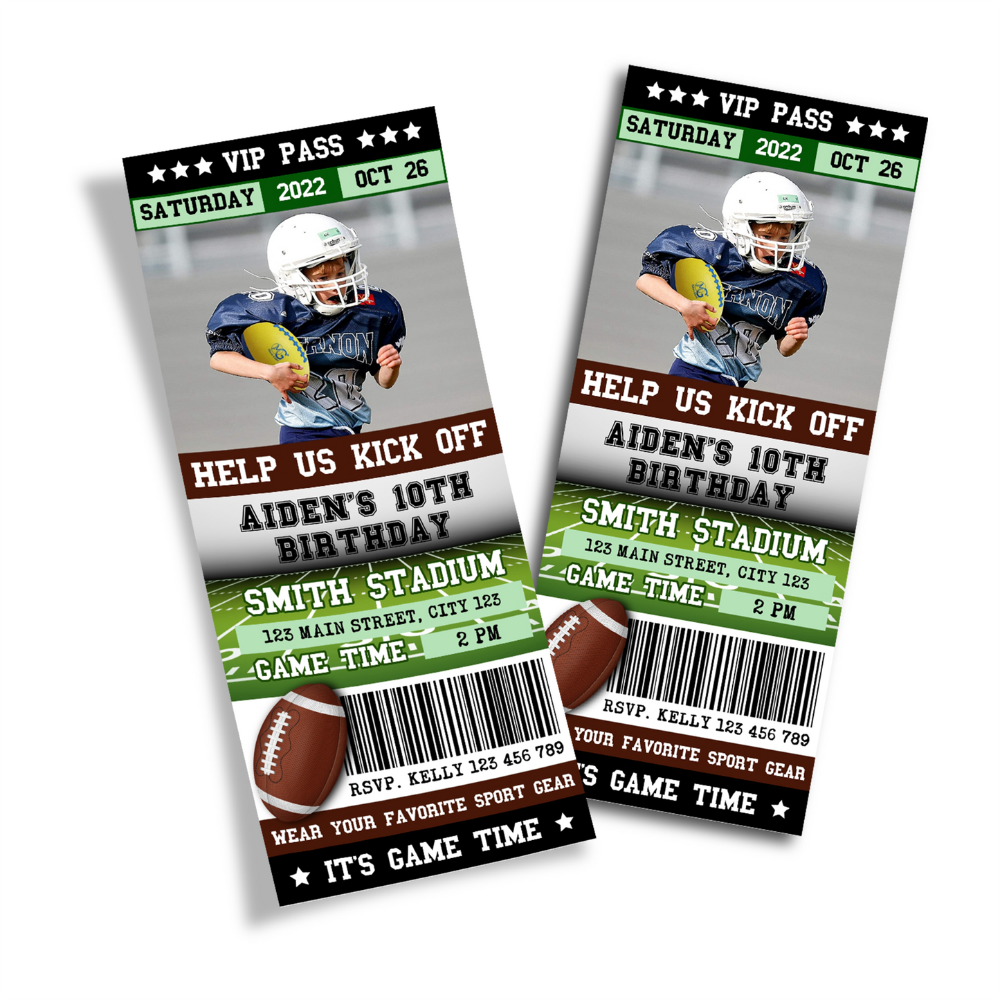 Personalized photo ticket invitations with a Football theme
