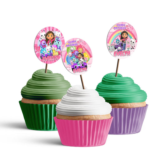 Image of cupcakes with personalized Gabby’s Dollhouse toppers.